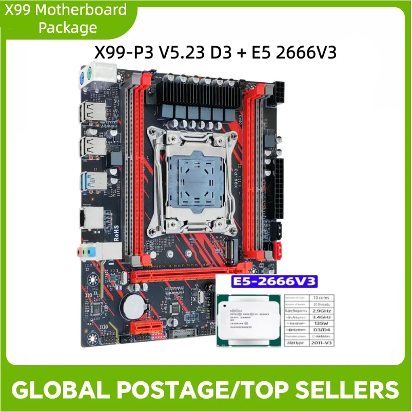 X99-Motherboard-Paket, X99 - P3 V5.23 DDR3 + E5 2666V3 CPU-Paket, 2011-Pin-Chipsatz, unterstützt bis zu 128 GB Speicher.