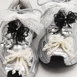 1 Pair Fashion Bowtie Flower Lace Shoelaces Buckle Shoes Charms Pearl Rhinestone Shoelace Decoration Shoe Accessoriess for Woman