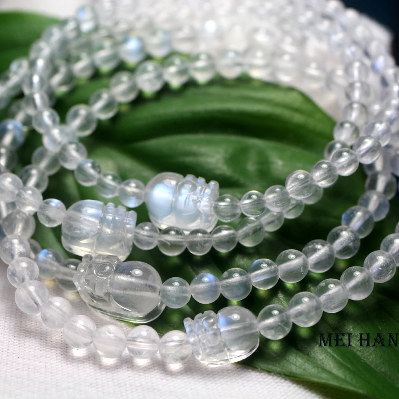 Meihan Premium products Wholesale Natural arcane Top Blue Moonstone Rainbow Pixiu Carved Beads Bracelet  DIY gift birthstone