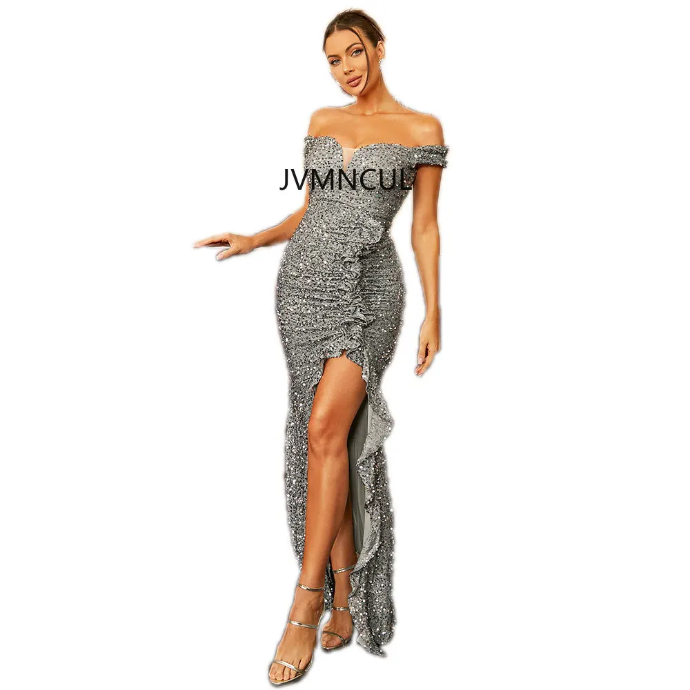 Elegante vestido de noche sin mangas con hombros descubiertos, vestido largo con lentejuelas sin espalda para banquete de boda - Vestido de dama de honor sexy y brillante