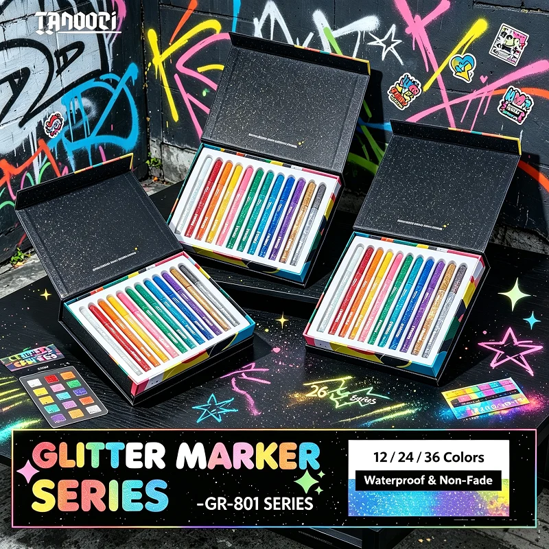 TANOOCI Direct‑Liquid Acrylic Glitter Marker Pen,12/24/36 Colors Waterproof & Colorfast for Graffiti DIY Drawing Art Supplies