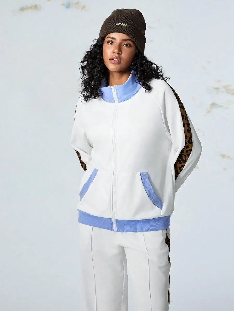 

Women Leopard Patchwork Zipper Front Sportswear Set