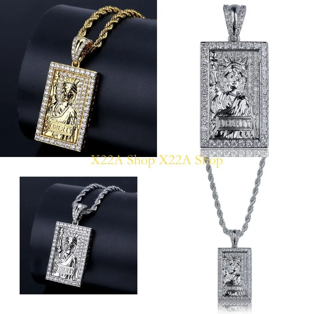 

Unique Vintage Engraved Square Pendant Necklace With Full Stones Gold Silver