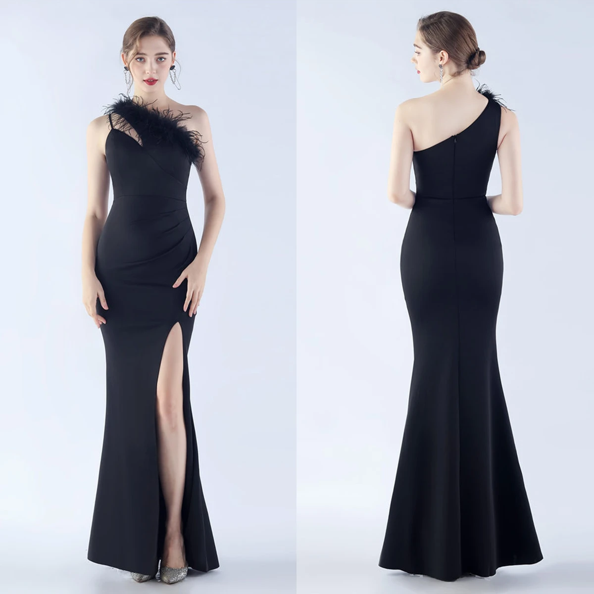 

Evening Dress Black Feather One Shoulder Sleeveless Zipper Mermaid Trumpet Floor Length Slit Women Party FOrmal Gown YE450