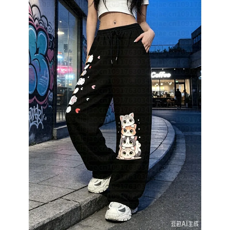 Cute Kitten, Paw Print Pattern Print, Retro American Street Loose All-Season Women'S Kid Casual Athletic Long Pants