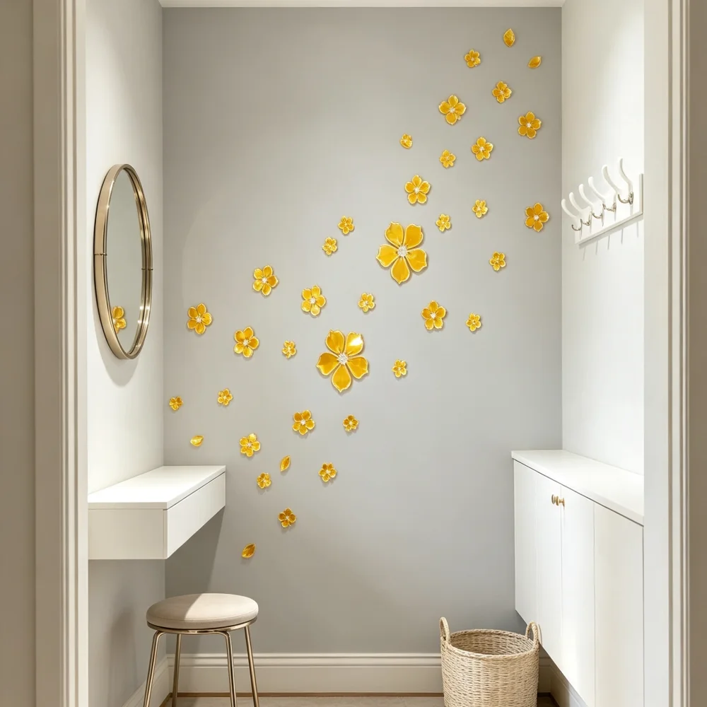DIY Gold Mirror 3D Flower Wall Stickers, Acrylic Splicable Crystal Petal Wall Art, Self‑Adhesive Decorative Floral Wall Decals for Indoor Home Ornament, Total 18Pcs