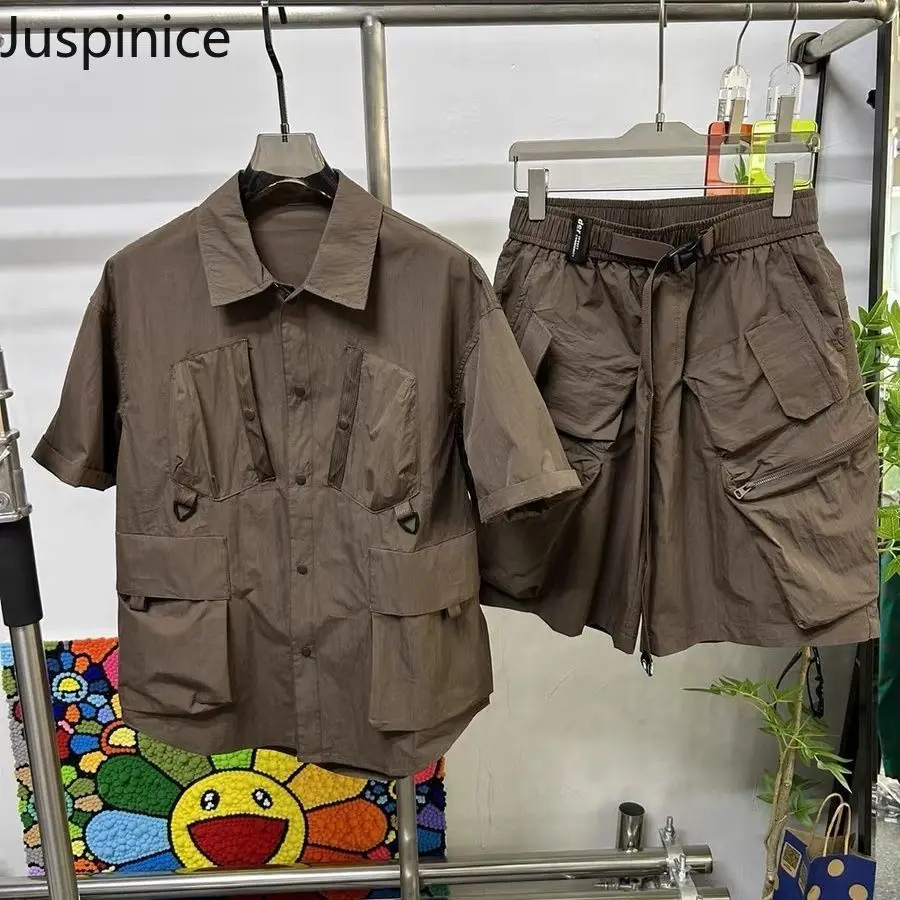 

Summer Quick-drying Large Pocket Workwear Shirt Shorts Suit Men's Loose Casual High Street Personalized Tops Five-point Trousers