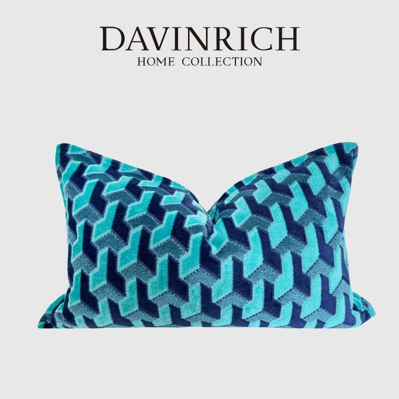 DAVINRICH H Style Houndstooth 3D Geometry Lumbar Pillow Cover Lake Blue Luxurious Decorative Cushion Case For Villa Hotel Office
