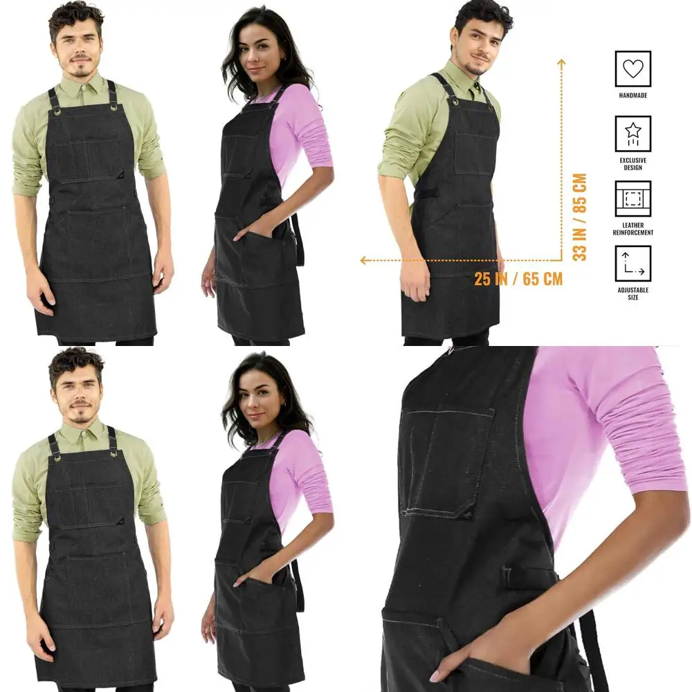 

NY Sky Classic Black Denim Cross-Back Apron with Leather Straps - Adjustable for Chefs, Artists, Bartenders, and Servers