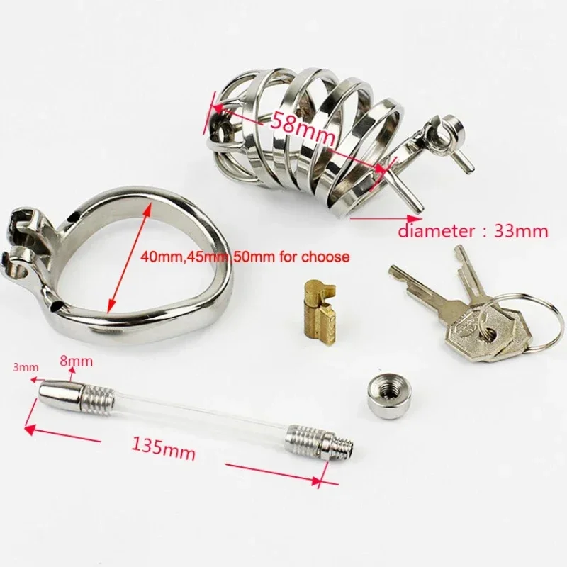 Metal Chastity Lock Cock Cage Penis Ring Anti-Cheating Male Chastity Belt with Catheter Adult Games Adult Sex Toy for Men Gay 18