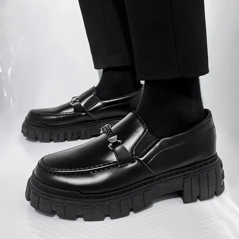 Man Casual Loafers Shoe Black Business Leather Shoes for Men Round Toe Height Increasing Platform Footwear Offer Shipping Free