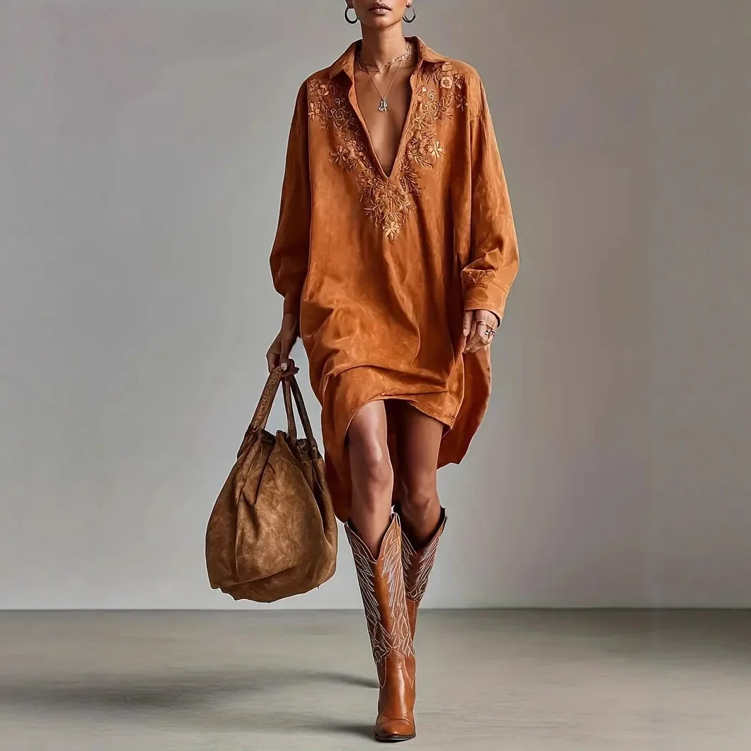 Fashion Embroidered Long Sleeve Short Shirt Dress Women 2025 Autumn Winter Flower Turn-down Collar Loose Mini Dresses Elegant