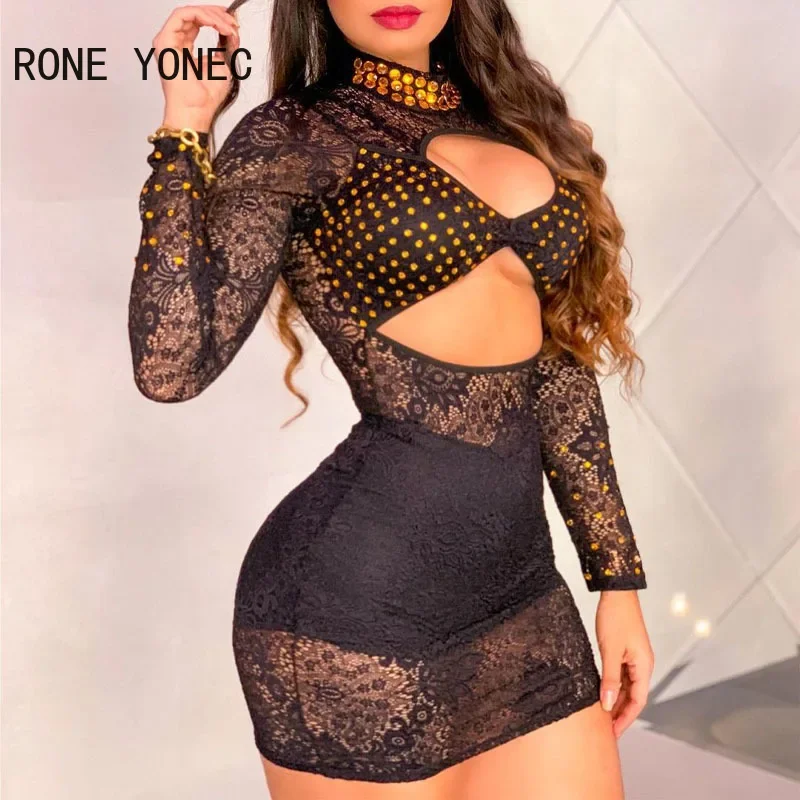 Women Solid Lace Rhinestone Decoration Hollow Out Crop Bodycon Mini Sexy Dress Set