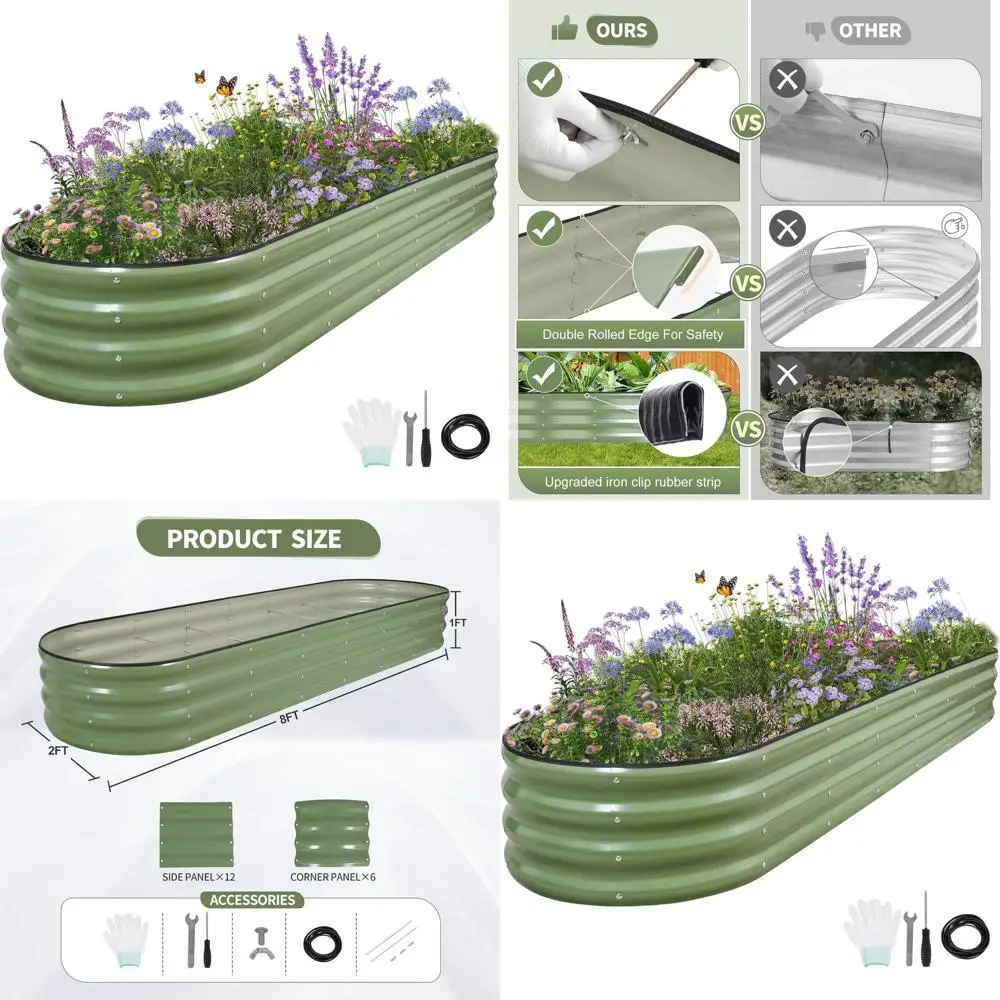 

Oval Metal Raised Garden Bed - 8x2x1FT Outdoor Planter for Vegetables, Flowers, Herbs (Green)