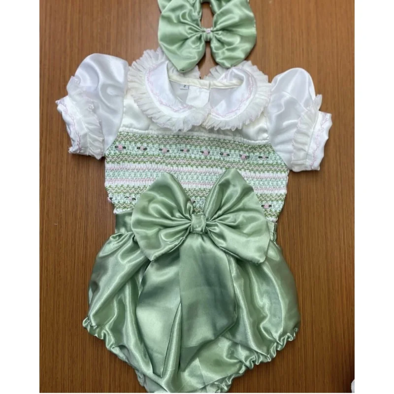 

0-6Y Baby Girl Summer White Green Smocked Outfit Suit for Party Birthday A206