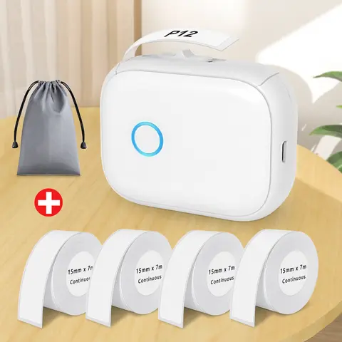 P12 무선 블루투스 열 라벨 프린터 휴대용 자체 접착 스티커 포켓 미니 라벨 메이커 (연속 라벨 테이프 포함)