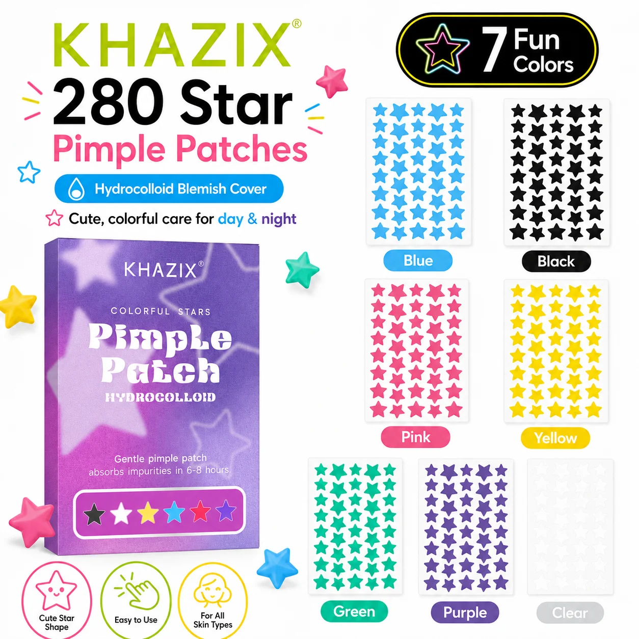 280 stickers - Colorful Star Pimple Stickers - Hydrogel Anti-Pimple Stickers - Invisible Anti-Pimple Stickers - Absorb and Repai