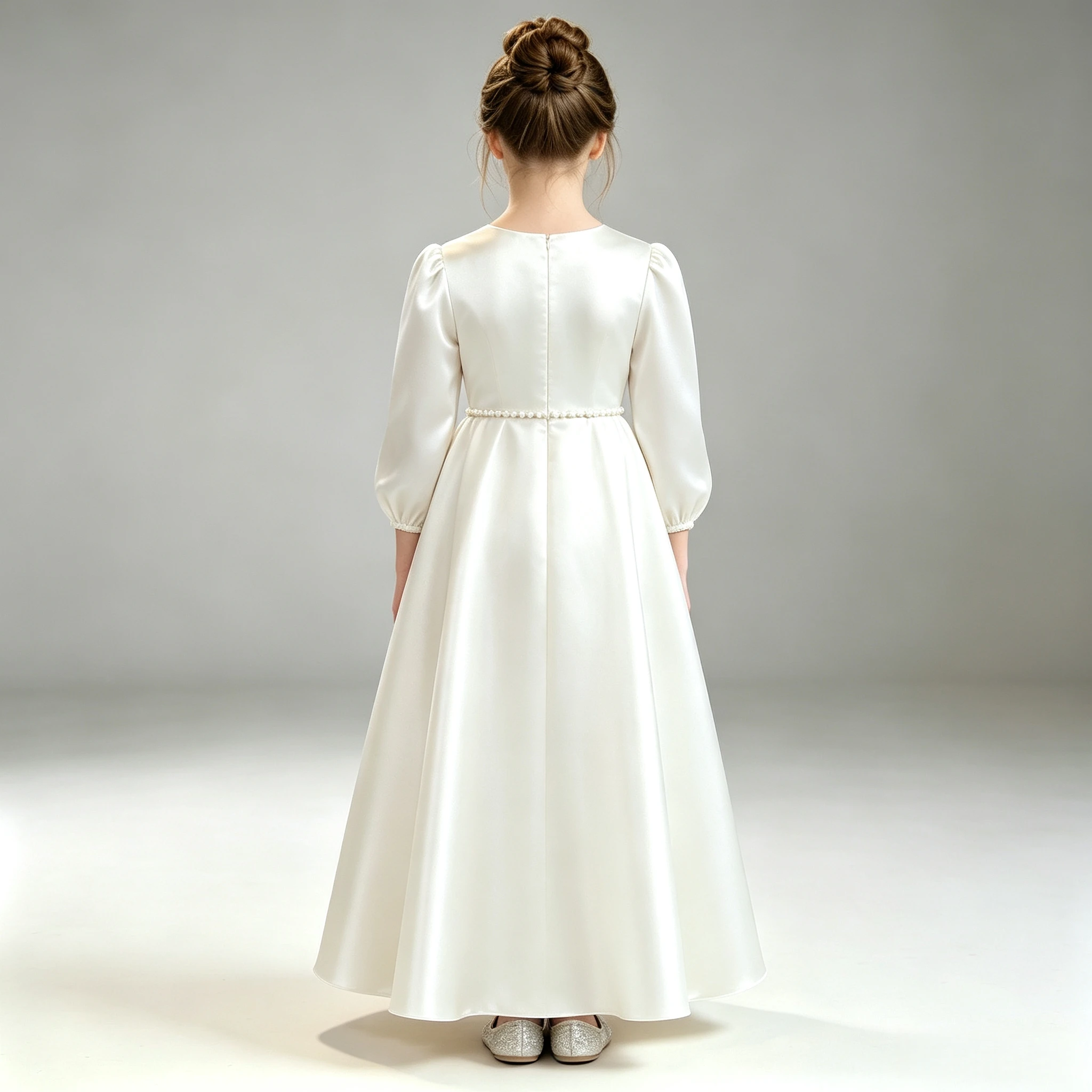 Ivory Satin 1st Communion Dress Round Neck 3/4 Sleeve Pearl Waist Sash Floor Length Modest Church Flower Girl Kids Formal Gown