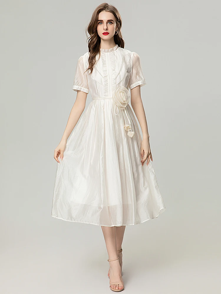 

Dresses Designer Runway Women's Summer High Quality Fashion Party Slim Fit Lace Up White Elegant Girls Pretty Sweet Midi Dress