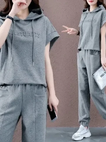 

plus Size Casual Sportswear Set Women Summer Fashion Hoodie Short Sleeve Conceal Meat Slimming Trendy Two Piece Set