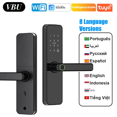 VBU Tuya Wifi Cerradura Electrónica Inteligente con Desbloqueo por Huella Dactilar Biométrica/Tarjeta IC/Contraseña/Llave/Control Remoto/Carga de Emergencia USB, Cerradura de Puerta Inteligente con Huella Dactilar