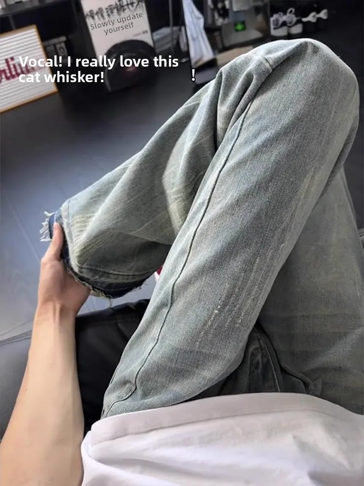 레트로 아메리칸 블루 캣 진 남성 여름 하이 스트리트 스트레이트 레그 마이크로 플레어 워시드 코튼 캐주얼 통기성 루즈 핏