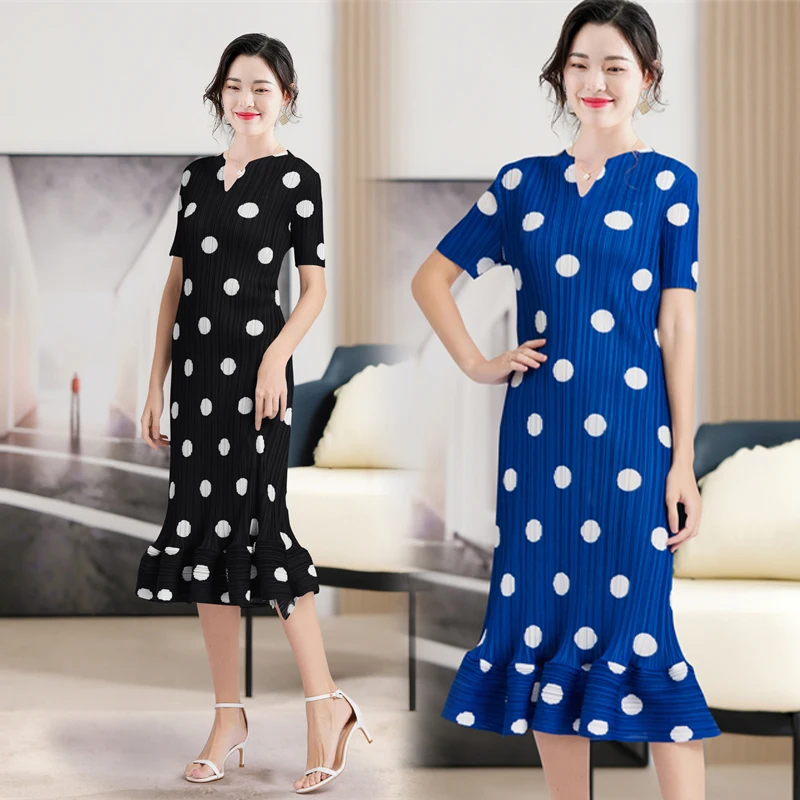 

Coigarsam Women Dress Summer 2024 Flounced Polka Dot Short Sleeve Print Folds V-Neck Blue Black Dresses