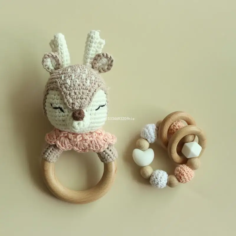 Handmade BPA Chewing Teething Nursing Soother Crochet Deer Elk Animal Rattle Teething Bracelet Knitted Hand