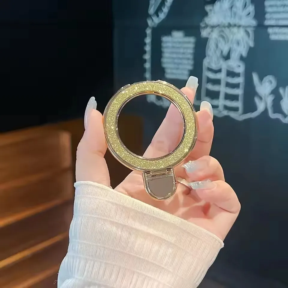 高級ミラーグリッターフィンガーリングフォン グリップ iPhone 17 16 15 14 13 Pro Max用 マグネット式ブラケットスタンドホルダー