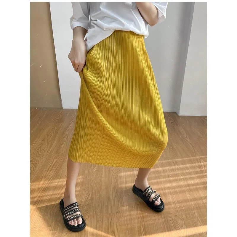 Elegant Pure Color Pleated Skirt Korean Style High Waist Polyester Fiber Casual Straight Cut No Slit Elastic Waist Design