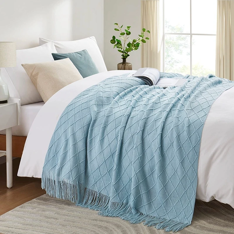 Nordic Textured Knitted Blankets Bed Decor Drop Ship Shawl Sofa TV Blanket with Tassels Scarf Sofa Farmhouse Blue Throw Blanket