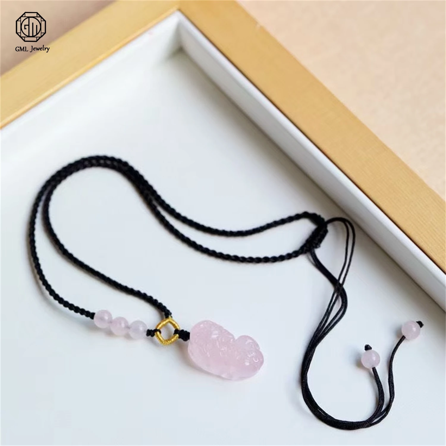 Natural Rose Quartz Pixiu Pendant Black Obsidian Beaded Choker Necklace Unisex Couple Wealth Attract Gemstone Jewelry Gift