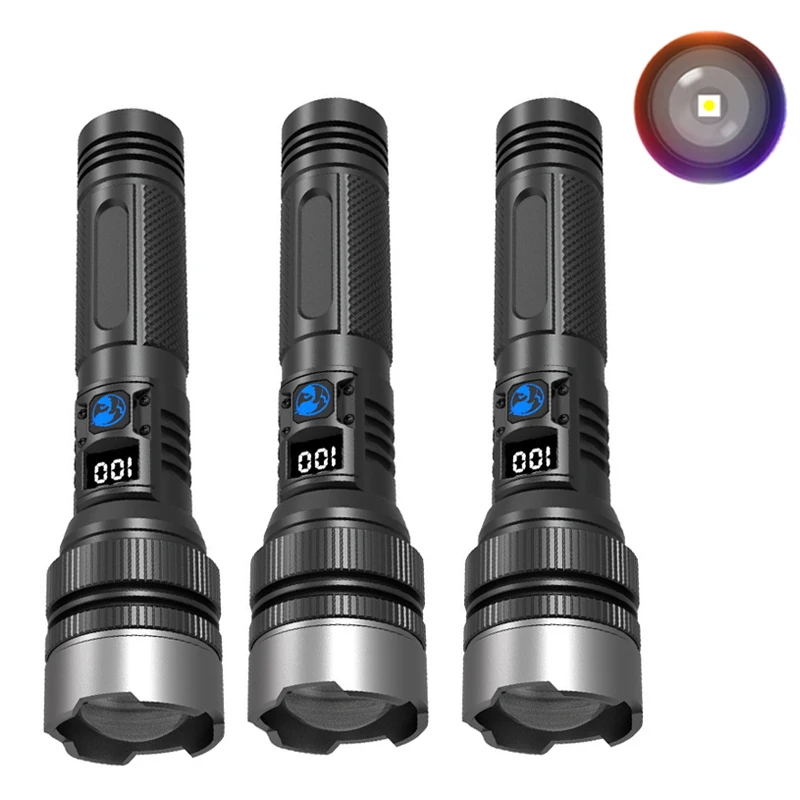 900000 LM Leistungsstarke LED-Taschenlampe, Zoom-Taschenlampe mit Digitalanzeige, tragbare wiederaufladbare Typ-C-Taschenlampen für Camping, Wandern