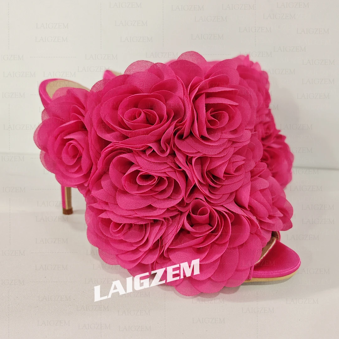 LAIGZEM Women Sandals Floral Slip On Mules Satin Thin Heels Pumps Ladies Prom Party Wedding Shoes Woman Plus Size 41 44 50 52