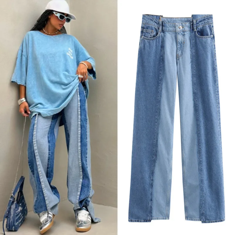 Hip Hop Color Blocked Jeans Women Men Korean Trend Ins Retro Personality Loose Cotton Sleeveless Dress Unisex Wide Leg Pants New