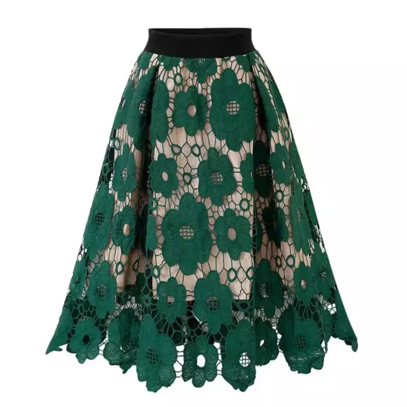 Fashion Office Lady Skirt Lace Hollow Out Elegant A-line High Waist Knee Length Midi Skirt Solid Loose Casual Party Skirts Robe