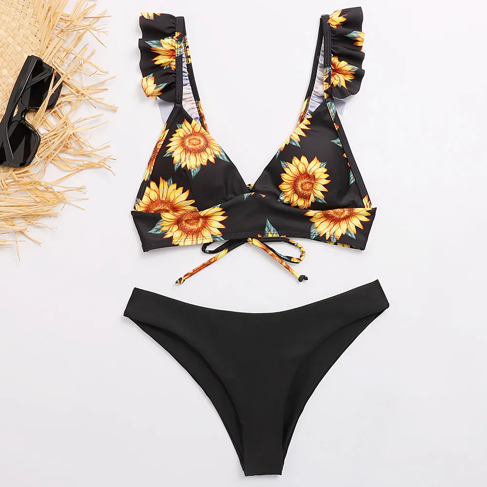 2023 New Sunflower Print Dresses Women Bikini Set Swimsuit Sexy Plus Size Swimwear Beach Bandage Bikini Mujer