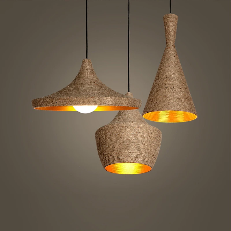 

GEW Natural Hemp Rope E27 Pendant Lights Nordic modern Aluminum Lampshade Hanging lamp For office Restaurant Living Room Decor