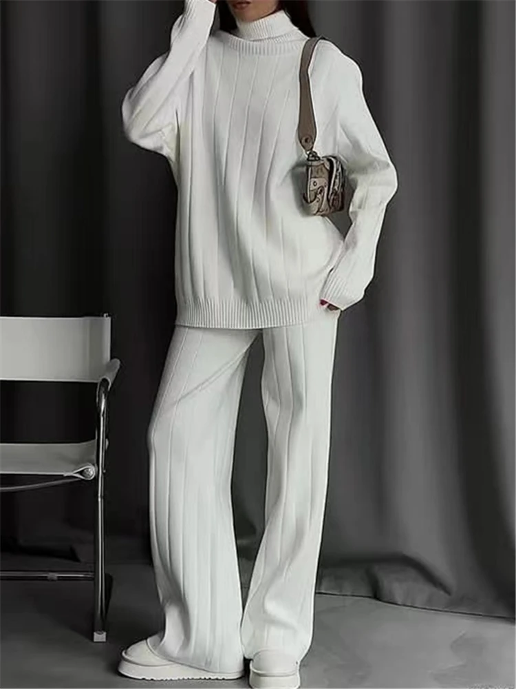 REALEFT Autumn Winter 2 Pieces White Women\'s Sets Knitted Tracksuit Turtleneck Sweater and Straight Jogging Pant Suits 2023 New