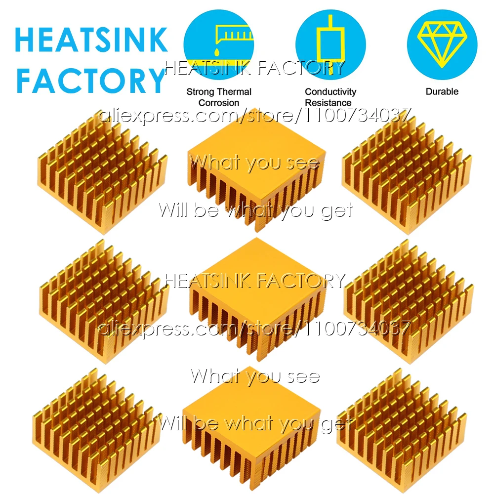 28x28x13mm Gold Tone Aluminum Heatsink Thermal Adhesive Pad Cooler for Cooling IC Transistor Module PCB