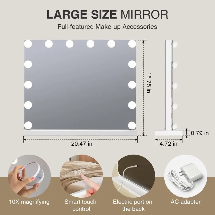 مرآة مكياج مع أضواء، مرآة زينة هوليوود مع 3 أوضاع ألوان، مرآة زينة مضيئة مع لمبات LED قابلة للتعتيم مكبرة 10X #6