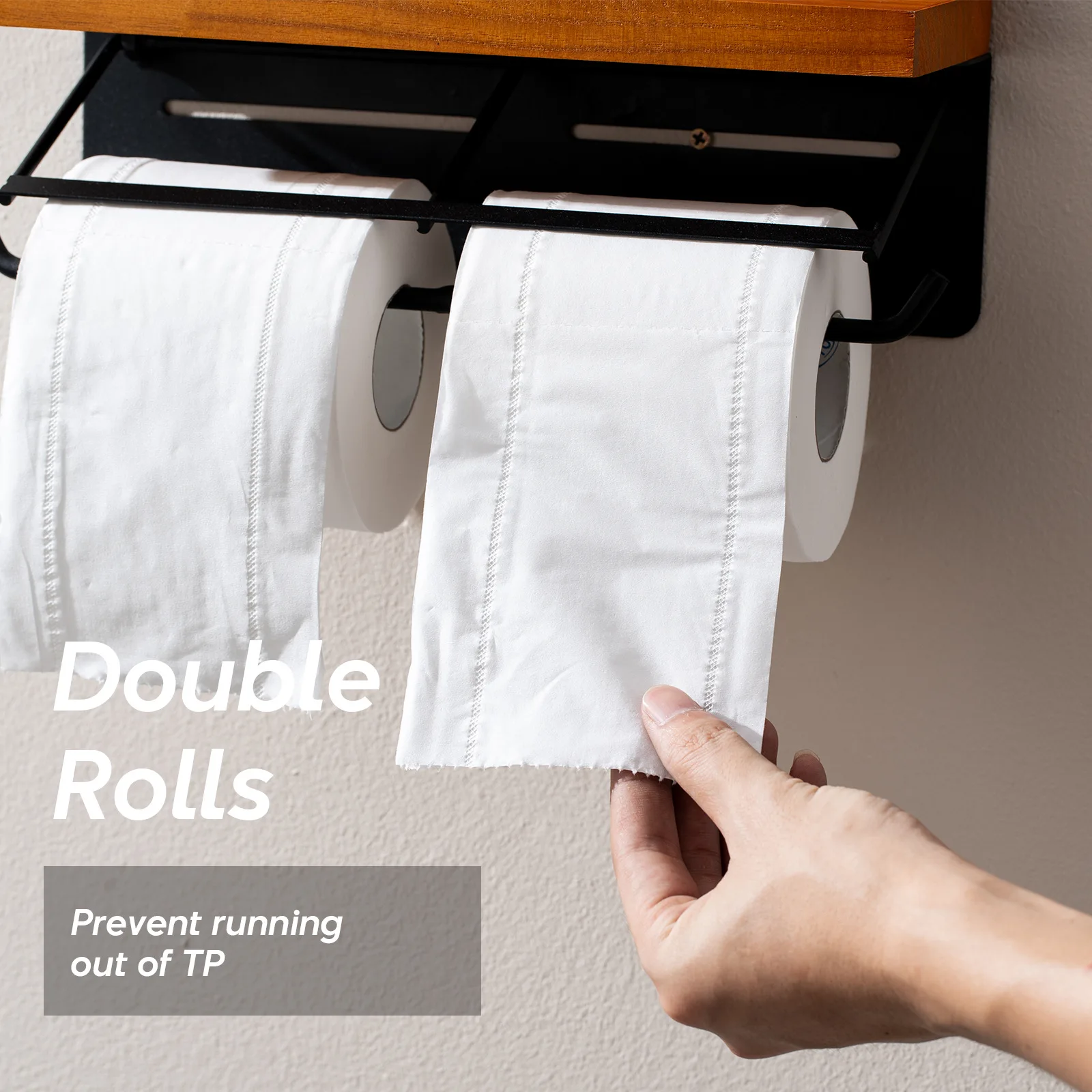 

Double Layer Bathroom Shelf, Wall Mounted Wooden Organizer with Tissue Box & Phone Holder, Modern Vanity Storage