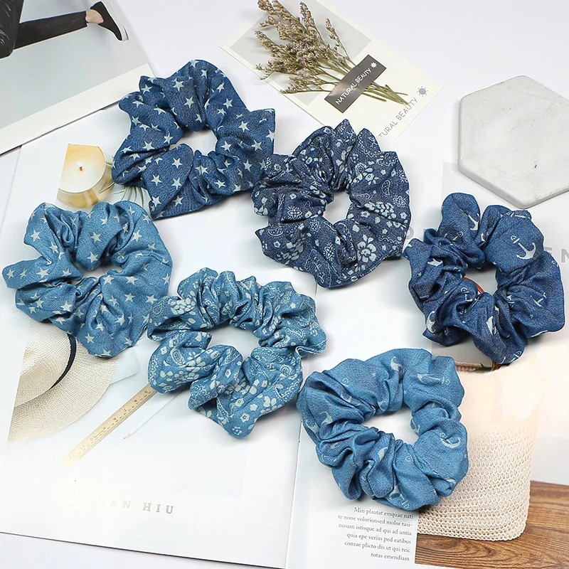 New Arrival Denim Scrunchies For Women Retro Designs Feminine Blue Jeans Fabric Hair Rope 4pcs/set Wholesale Scrunchie Lot