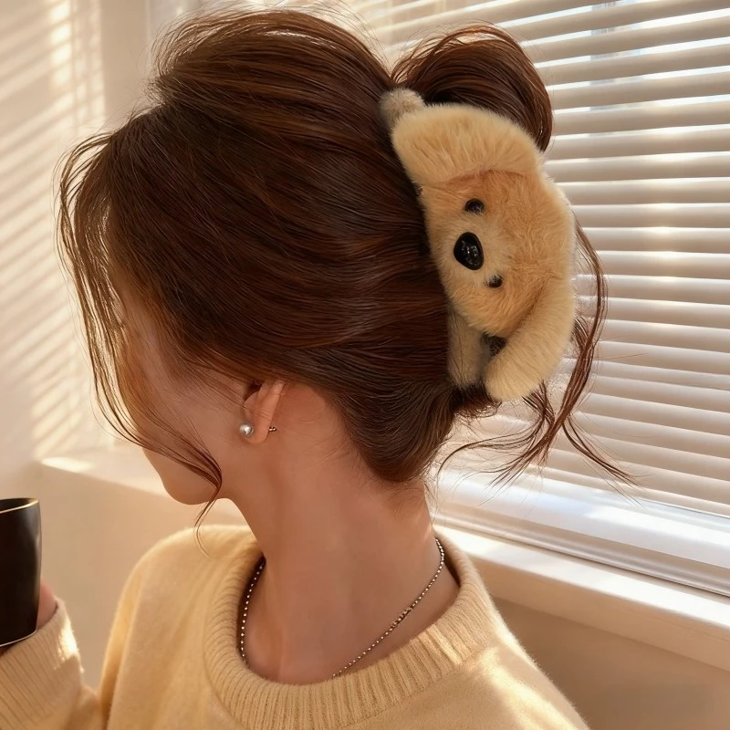 Cute Golden Puppy Hair Clip Large Back Head Hair Shark Clip High-end Autumn Winter Furry Claw Clips Personality Head Accessory