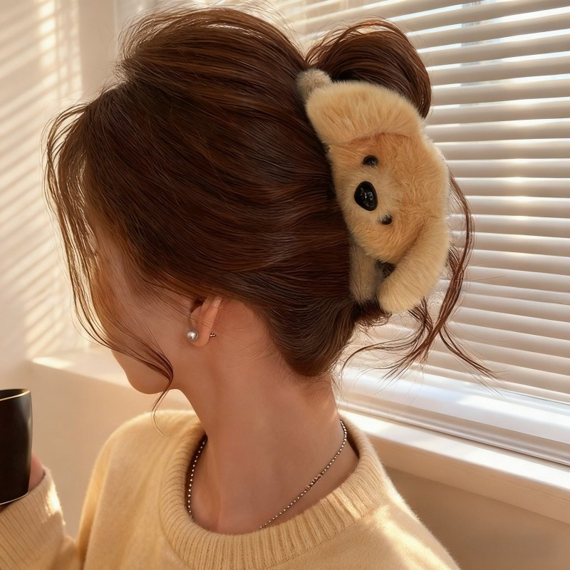  Cute Golden Puppy Hair Clip Large Back Head Hair Shark Clip High-end Autumn Winter Furry Claw Clips Personality Head Accessory 