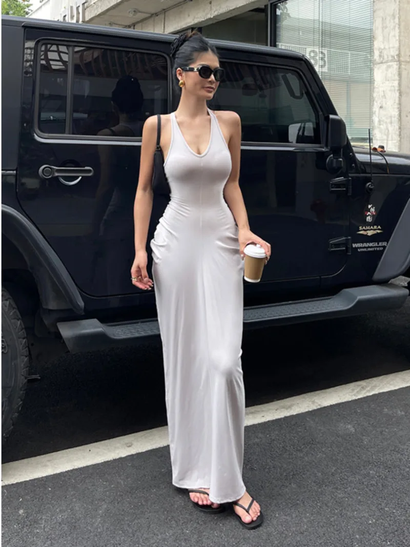 

Spicy Girl V-neck Hanging Neck Sleeveless Dress Elegant Women's Summer New High Waist Slim Pleated Wrapped Hip Dresses ORPT