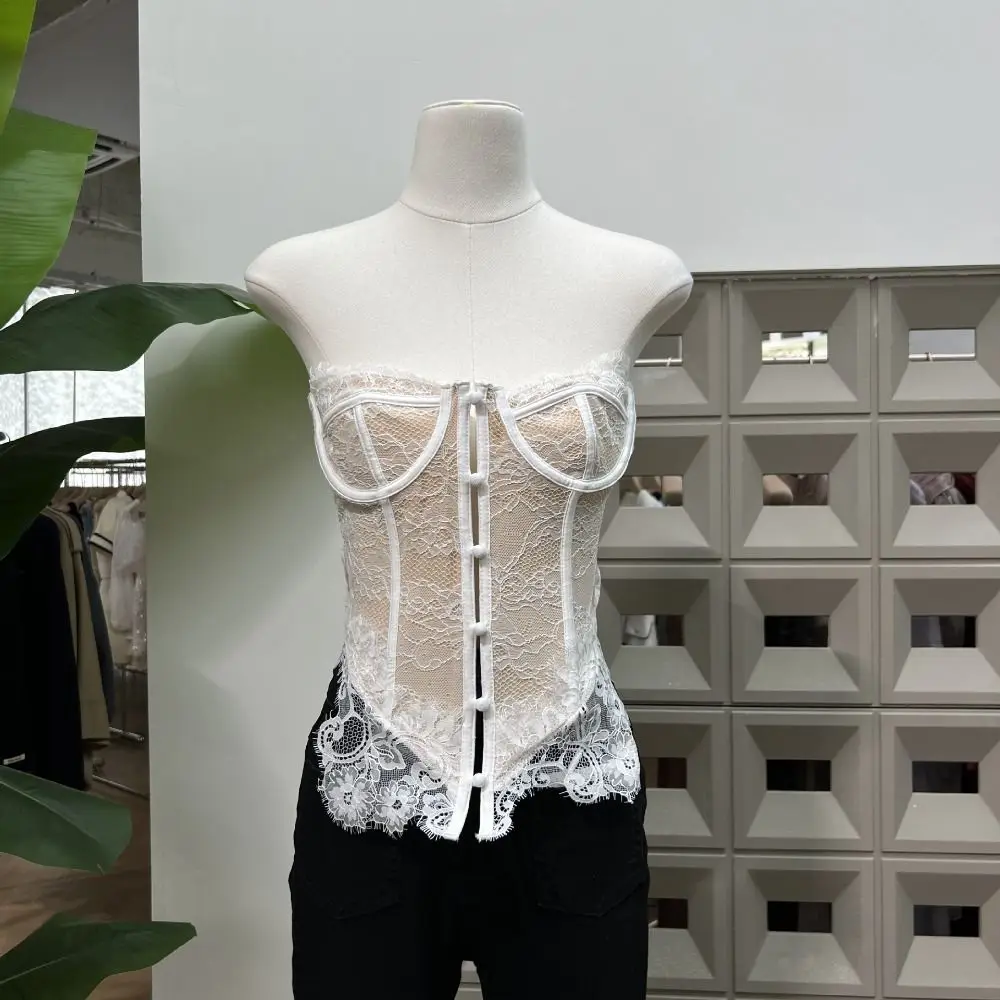 

Fashion Mesh Lace Button Camisole Flower Transparent Sleeveless Crop Tops Slim fit Tanks Lace Long Corset Spring Summer