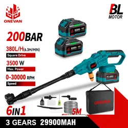 ONEVAN 200Bar 3500W Pistola per lavatrice per auto ad alta pressione senza spazzole Pistola per lavaggio auto ricaricabile senza fili 6 in 1 per batteria Makita 18V