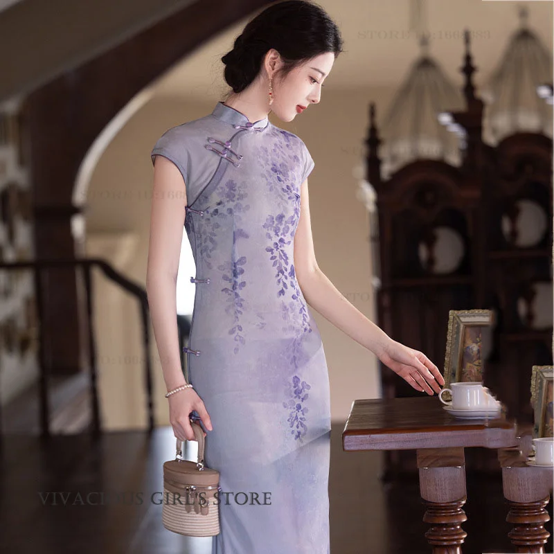 

Traditional Chinese Long Cheongsam Plus Size Women Costume Hanfu Dress Elegant Print Floral Qipao Chinese Dress Sexy Vestidos