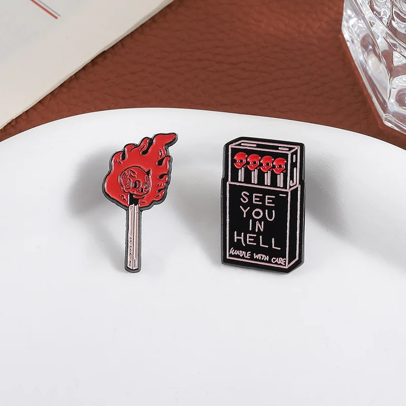 See You In Hell Matchbox Skull Enamel Pins Set 2Pcs Gothic Flame Match Brooches Edgy Dark Aesthetic Lapel Badge Gift